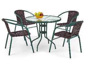 Set masa din sticla cu picioare metalice Grand Verde + 4 scaune din ratan sintetic Grand II Maro / Verde, Ø80xh72 cm